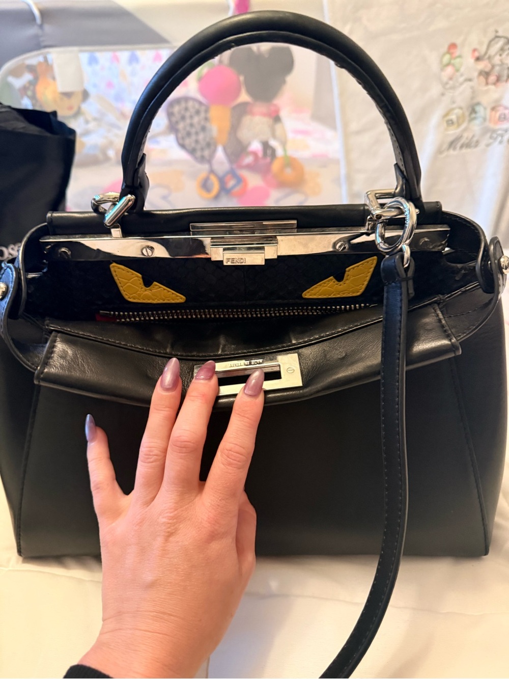 Fendi Black Leather Satchel with Yellow Eye Accent